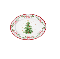 Assiette de Noël vintage en mélamine rouge à bord ondulé, motif sapin, nœud et houx, sans BPA, ronde, pour la décoration familiale des fêtes