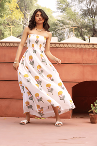 Hot Selling Lightweight Cotton Sleeveless Maxi Dress Hand Block Printed <b>Yellow</b> Flowers Green Leafs Embellished <b>Lace</b> Eco-Friendly - Product Image 4