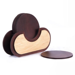 New <b>Polished</b> Walnut Wood Coaster Set with Holder Reusable Drink Mats Elegant Home Decor - Product Image 3