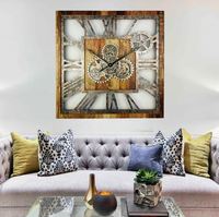 Grande horloge murale carrée en laiton AK en métal et engrenages en bois de couleur bois antique et naturel pour la décoration intérieure/décoration murale