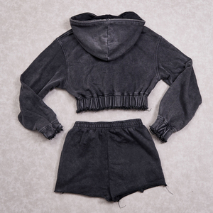 Men's Vintage Acid Wash Breathable 100% Cotton Hoodie <b>Shorts</b> Set-Distressed Tracksuit Sweatsuit Flare <b>Shorts</b> Custom Color Winter - Product Image 2