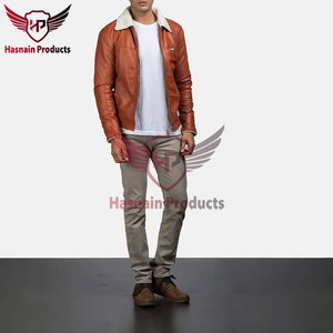 Chaqueta de cuero marrón para hombre con cuello de piel de cordero, piel auténtica, estilo casual de invierno, con cremallera. - Product Image 5