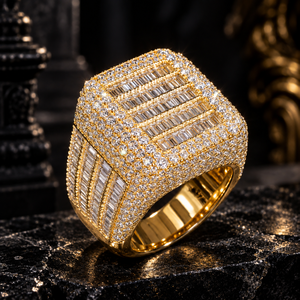 Nouvelle conception Bague Hip Hop large en or 14K, sertie de moissanite VVS taille baguette, style 'Iced Out' à rayures, bijou de déclaration pour homme - Product Image 1