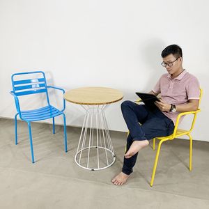 SFBCF033-60cm Round Minimalist Style TRE Wood and <b>Bamboo</b> Coffee <b>Table</b> with Durable Iron Stand Small Footprint - Product Image 3