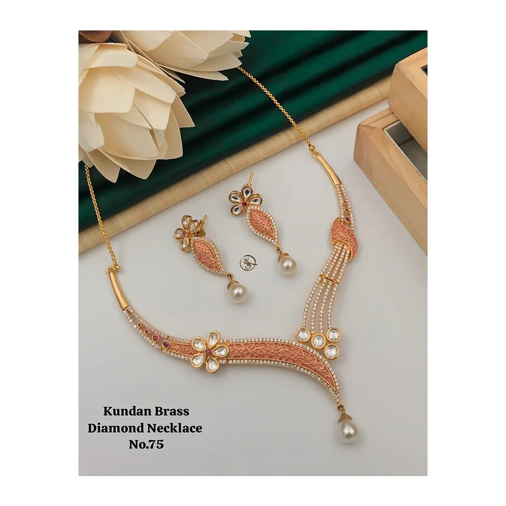 Penjualan Terbaik Desain baru Kundan kuningan kalung berlian Set India kalung berlian untuk wanita