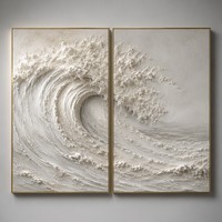Ensemble de 2 tableaux muraux 3D texturés Vague Océanique, Peinture sur toile faite à la main, Relief en plâtre, Paysage marin Wabi Sabi, Décoration côtière pour maison et hôtel