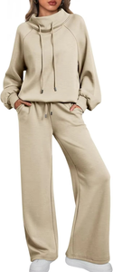 Ensemble de survêtement décontracté deux pièces pour femme : sweat-shirt à col montant et manches longues et pantalon de détente à jambes larges, couleur unie confortable - Product Image 5
