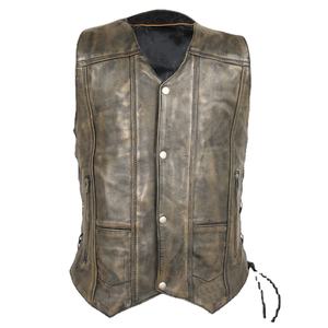 เสื้อกั๊กมอเตอร์ไซค์หนังวัวแท้สีน้ำตาลแบบดิสเทรส ผ้าแคนวาส ระบบกระเป๋าสิบช่อง กันยับ แห้งเร็ว ระบายอากาศดี กระดุมแบบโบราณ - Product Image 1