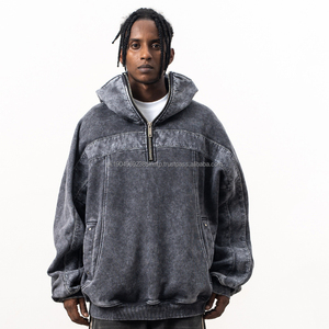 Sweat à capuche pour homme surdimensionné vintage avec broderie usée personnalisée, lavage à l'acide, fermeture éclair - Product Image 1