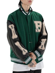 Manteaux streetwear décontractés unisexe à col montant veste universitaire en laine et cuir avec patch en toile anthracite/noir pour hommes femmes - Product Image 4