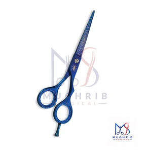 กรรไกรตัดผมสแตนเลส ใบมีดตรง ลายใยแมงมุมสีน้ำเงิน ด้ามจับโลหะทนทาน รูกลม - Product Image 3