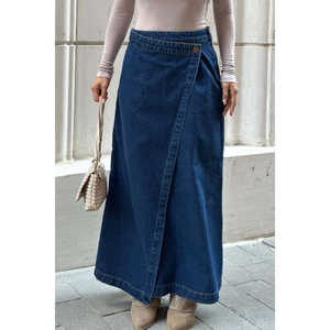 Jupe longue en jean pour femme avec rabat, vêtement d'extérieur tendance - Product Image 5