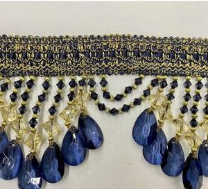 Ribete de Cuentas con Flecos y Ribete de Gimp, Se Vende por Yarda - Azul Marino/Dorado - Product Image 3