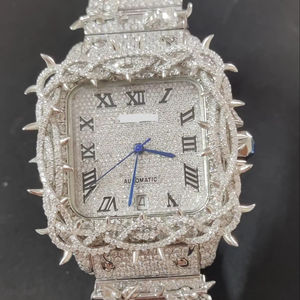 Automatic Men's <b>Mechanical</b> <b>Watch</b> with 22mm Band Width Full Iced Moissanite Diamond Dial White Tone Spike Design Square <b>Watch</b> - Product Image 1