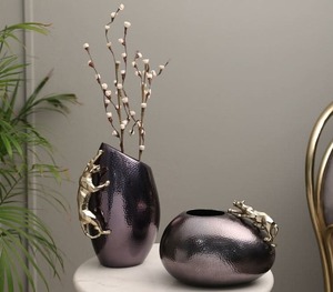 Eye Catching Grey Flower <b>Vase</b> With Golden Tiger Accent Perfect Gift Idea For Housewarming Weddings Or Stylish Home Makeover - Product Image 6