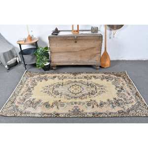 พรมตุรกีโบราณขนาด3.8x6.8ฟุตงานแฮนด์เมดทรงสี่เหลี่ยมผืนผ้าผ้าโพลีเอสเตอร์ขนสัตว์สีเบจและน้ำตาลสำหรับห้องนั่งเล่นวัยรุ่น - Product Image 1