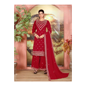 Magnifique costume Vichitra lourd avec broderie exquise et tenue de créateur de travail en pierre idéal pour les célébrations de mariage et de fête - Product Image 1