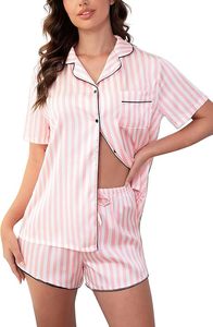 Conjunto de Pijama de 2 Piezas para Mujer, Manga Corta, Rayas Rosas, Cuello Camisero con Botones, Estilo Casual para Primavera/Verano - Product Image 6