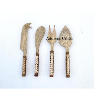 Ensemble de couteaux à fromage d'acacia biologiques durables avec manche en osier couverts en bois couteau en vrac fourchette épandeur ensemble de couverts outils à fromage - Product Image 5