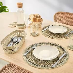 Ensemble de jacinthes d'eau en jonc de mer tissé à la main rustique moderne et durable napperons en cuir sous-verres Combo chambre à coucher maison Table à manger - Product Image 2
