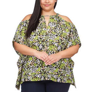 Top in chiffon verde da donna Michael Kors, taglia 2XL, con scollo a goccia, spalle scoperte, dettaglio catena, motivo floreale, maniche corte e orlo a fazzoletto - Product Image 1