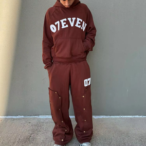 ชุดวอร์มผ้าฝ้ายแบบมีฮู้ดปักโลโก้ได้ตามต้องการชุดวอร์มมีกระดุมทรงถุงโอเวอร์ไซส์และชุดมีฮู้ด - Product Image 2