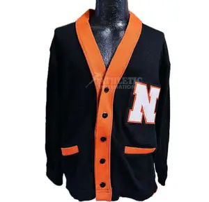 New Design High School University Wear Letter Cardigan Sweater Orange Black N Embroidery Patches Cotton Breathable Wool Sweaters