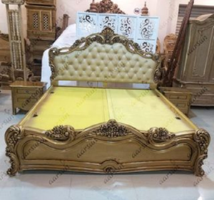 Royal Carved <b>Bed</b>, Gold Finish, Tufted Headboard, <b>Antique</b> Design, King Size, Available at wholesale prices. - Product Image 1