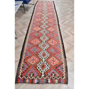 Vintage Rug, <b>Runner</b> 2.9x12.2 ft Turkish Rug, <b>Red</b> Ombr Wool Rug - Product Image 1