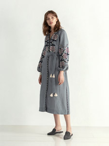 Robes turques de luxe brodées pour femmes, broderie à manches longues, longueur mollet, vêtements de fête en coton - Product Image 6