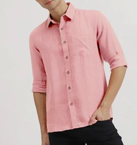 Chemise décontractée d'été pour homme en lin rose clair à imprimé unique, manches longues, col rabattu, bouton unique, séchage rapide, durable et unie - Product Image 3