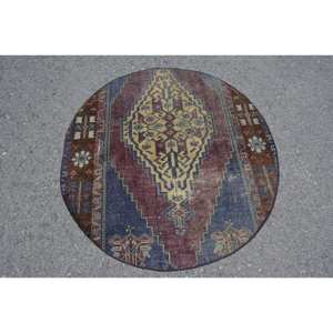 Vintage 4x4ft Turkish <b>Wool</b> Rug <b>Red</b> Blue Patchwork Design Classic Handmade Large Area Rectangle Area Rug Hallway Room Room Rug - Product Image 1