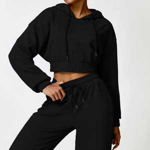 Winter Tracksuit Custom Logo Sweatpants and Sweatshirts <b>Cropped</b> <b>Tops</b> Sweatsuit Set Women Hoodie - Product Image 2