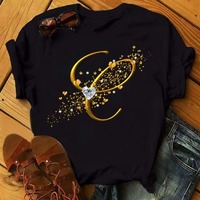 T-shirt Homme Col V Manches Courtes Uni 100% Coton Style Hip Hop Noir avec Lettres Dorées Diamantées B C D E F G Personnalisables