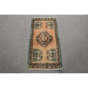 Turkish Vintage Rug, 1.7x3.3 ft Small Rug, <b>Brown</b> Green Oriental <b>Wool</b> Rug - Product Image 1