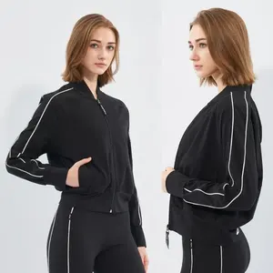 Veste d'entraînement pour femme Cropped Zip Up Retro Stripe Sleeve Respirant et extensible pour Active Wear Gym Top - Product Image 3