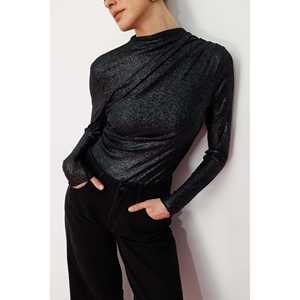 Casual High Collar <b>Sparkly</b> Long Sleeve <b>Bodysuit</b> with Front Logo - Product Image 3