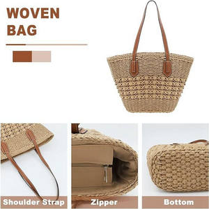 Vietnam Women's Casual Tote Woven Rattan Leather Handles Pearl Bow Zipper Closure Cotton Flower Chain Feather Design <b>for</b> Beach - Product Image 6