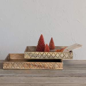 Bandejas decorativas de madera de mango tallado con asas y patrón de diamantes Juego natural de 2 bandejas ligeras para bocadillos de carne - Product Image 4