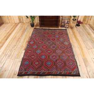 พรมคิลิมตุรกี ขนาด 5.4x7.9 ฟุต สีแดงน้ำเงิน ลายต้นไม้และพืช พรมขนสัตว์วินเทจ - Product Image 1