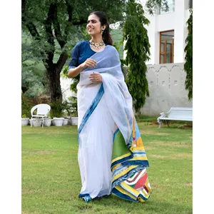 ผ้าซารีออร์แกนซ่าสีขาววาดลายด้วยมือ สวยงาม น้ำหนักเบา เหมาะสำหรับงานปาร์ตี้สำหรับผู้หญิง - Product Image 5