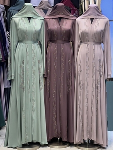 Wholesale Modest Dubai Beaded <b>Sequined</b> Long Sleeve Abaya Muslim Traditional Handmade Wedding Women Polyester Breathable V Neck - Product Image 6