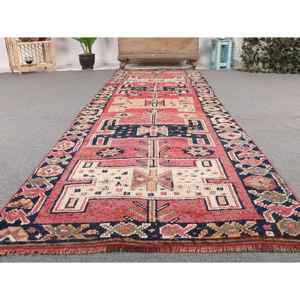 Tapis turc 3,2 x 9,8 pieds, tapis de couloir vintage, tapis à carreaux rouge et bleu - Product Image 5