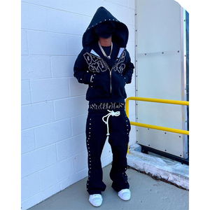 Conjunto de pantalones de chándal y Sudadera con capucha acampanados con diamantes de imitación OEM Fabricante personalizado Pantalones apilados holgados de cintura doble Sudadera con cremallera - Product Image 5