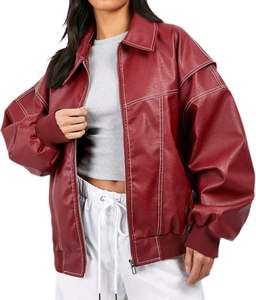 Chaqueta de cuero de gran tamaño para mujer Vintage Zip Up Bomber motocicleta Faux Leather Jacket Coat prendas de vestir exteriores - Product Image 1