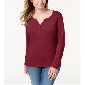 Karen Scott Top da donna in cotone con collo Henley, taglia piccola, rosso, per il tempo libero - Product Image 1