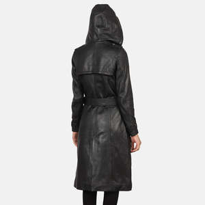 Fixon Casual Black Trench <b>Coat</b> Hood Waterproof PU Leather Double Breasted Closure Long Length Denim Knitted Fabric Cotton Filled - Product Image 5