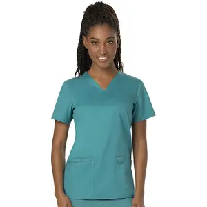 4-Way streç kumaş Stand tıbbi üniforma Scrubs setleri v yaka fırçalama üst ve kargo fırçalama pantolon deneyimli hemşireler