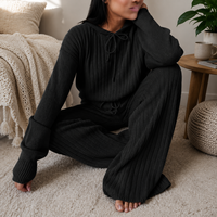 Conjunto de 2 Piezas de Punto Acanalado para Mujer FNJIA, Top de Manga Larga con Capucha y Cordón Ajustable, Pantalones Anchos, Ropa Casual de Punto