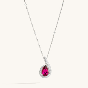 Luxury Women's 925 Silver Rhodium Plated <b>Ruby</b> Pendant <b>Necklace</b> Water Drop Shape Bezel Setting Box Chain - Product Image 1